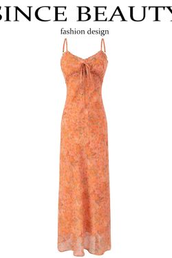 2025 Summer Women's Floral Spaghetti Strap Dress - French Style Vacation Long Orange Dress for Effortless Elegance