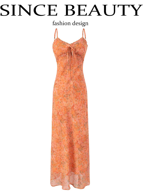 2025 Summer Women's Floral Spaghetti Strap Dress - French Style Vacation Long Orange Dress for Effortless Elegance 2025 Summer Women's Floral Spaghetti Strap Dress - French Style Vacation Long Orange Dress for Effortless Elegance