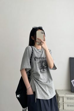 2025 Summer Women’s Gray Short-Sleeve T-Shirt with Sun Grapefruit Print, Loose Fit Drawstring Style, Trendy Niche Summer Top