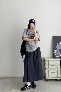 2025 Summer Women’s Gray Short-Sleeve T-Shirt with Sun Grapefruit Print, Loose Fit Drawstring Style, Trendy Niche Summer Top