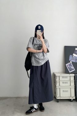 2025 Summer Women’s Gray Short-Sleeve T-Shirt with Sun Grapefruit Print, Loose Fit Drawstring Style, Trendy Niche Summer Top