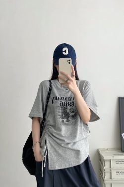 2025 Summer Women’s Gray Short-Sleeve T-Shirt with Sun Grapefruit Print, Loose Fit Drawstring Style, Trendy Niche Summer Top