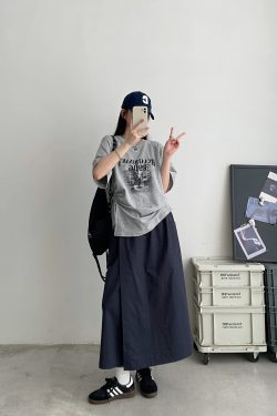 2025 Summer Women’s Gray Short-Sleeve T-Shirt with Sun Grapefruit Print, Loose Fit Drawstring Style, Trendy Niche Summer Top