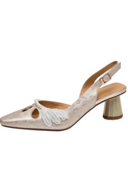 2025 Summer Women's High Heeled Chunky Open Back Sandals - First Layer Cowhide, Pearl Detail, Embroidered National Style