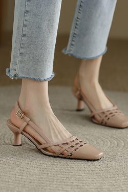 2025 Summer Women's High-Heeled Closed-Toe Square-Toe Woven Sandals - Versatile Genuine Leather Strappy Design