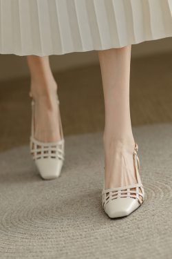 2025 Summer Women's High-Heeled Closed-Toe Square-Toe Woven Sandals - Versatile Genuine Leather Strappy Design