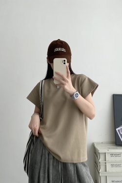 2025 Summer Women's Solid Color Short Sleeve T-Shirt with Small Flying Sleeves - Trendy Loose Slimming American Style