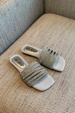 2025 Summer Women's Water Drill One-Word Sandals - Fairy Style Flat Korean Cool Footwear for Outdoor Wear