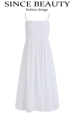 2025 Summer Women's White Spaghetti Strap Evening Gown - French-Style Long Dress for Vacation and Special Occasions