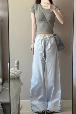 2025 Women's Blue Striped Wide-Leg Pants - American Style Casual Floor-Length Loose Straight-Leg Trousers for Spicy Girl Vibe