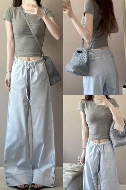 2025 Women's Blue Striped Wide-Leg Pants - American Style Casual Floor-Length Loose Straight-Leg Trousers for Spicy Girl Vibe