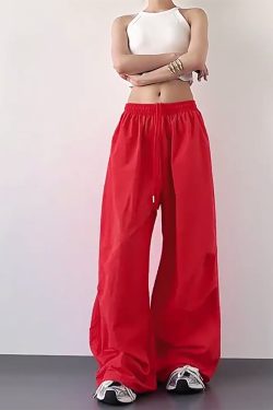 2025 Women's Red Cargo Pants - American Style Loose Parachute Pants, Slimming Drape, Hip-Hop Casual Sportswear