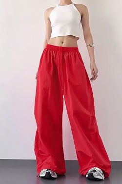 2025 Women's Red Cargo Pants - American Style Loose Parachute Pants, Slimming Drape, Hip-Hop Casual Sportswear