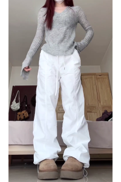 2025 Women's White Wide-Leg Work Pants, Loose Draped American Style, Casual Korean Fashion