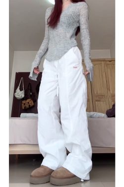 2025 Women's White Wide-Leg Work Pants, Loose Draped American Style, Casual Korean Fashion