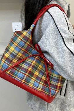 2025 Women's Woolen Plaid Shoulder Bag - Trendy Red Retro Bow Tote for Niche Fashion Lovers