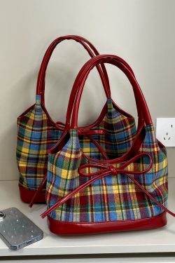 2025 Women's Woolen Plaid Shoulder Bag - Trendy Red Retro Bow Tote for Niche Fashion Lovers