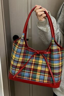 2025 Women's Woolen Plaid Shoulder Bag - Trendy Red Retro Bow Tote for Niche Fashion Lovers