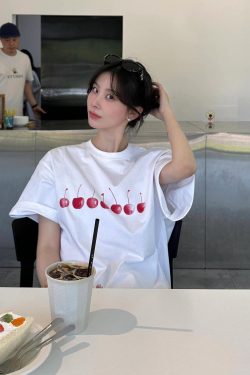 25SS Korean Style Cherry Print Casual Loose Heavyweight Cotton Short-Sleeve T-Shirt for Women - Age-Reducing Versatile Design