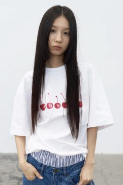 25SS Korean Style Cherry Print Casual Loose Heavyweight Cotton Short-Sleeve T-Shirt for Women - Age-Reducing Versatile Design