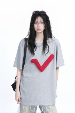 3D Checkmark Gray Short-Sleeve T-Shirt for Women - American Retro Hip-Hop Style, Loose Fit, Y2K Trendy Design