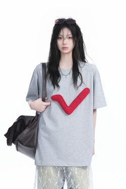 3D Checkmark Gray Short-Sleeve T-Shirt for Women - American Retro Hip-Hop Style, Loose Fit, Y2K Trendy Design