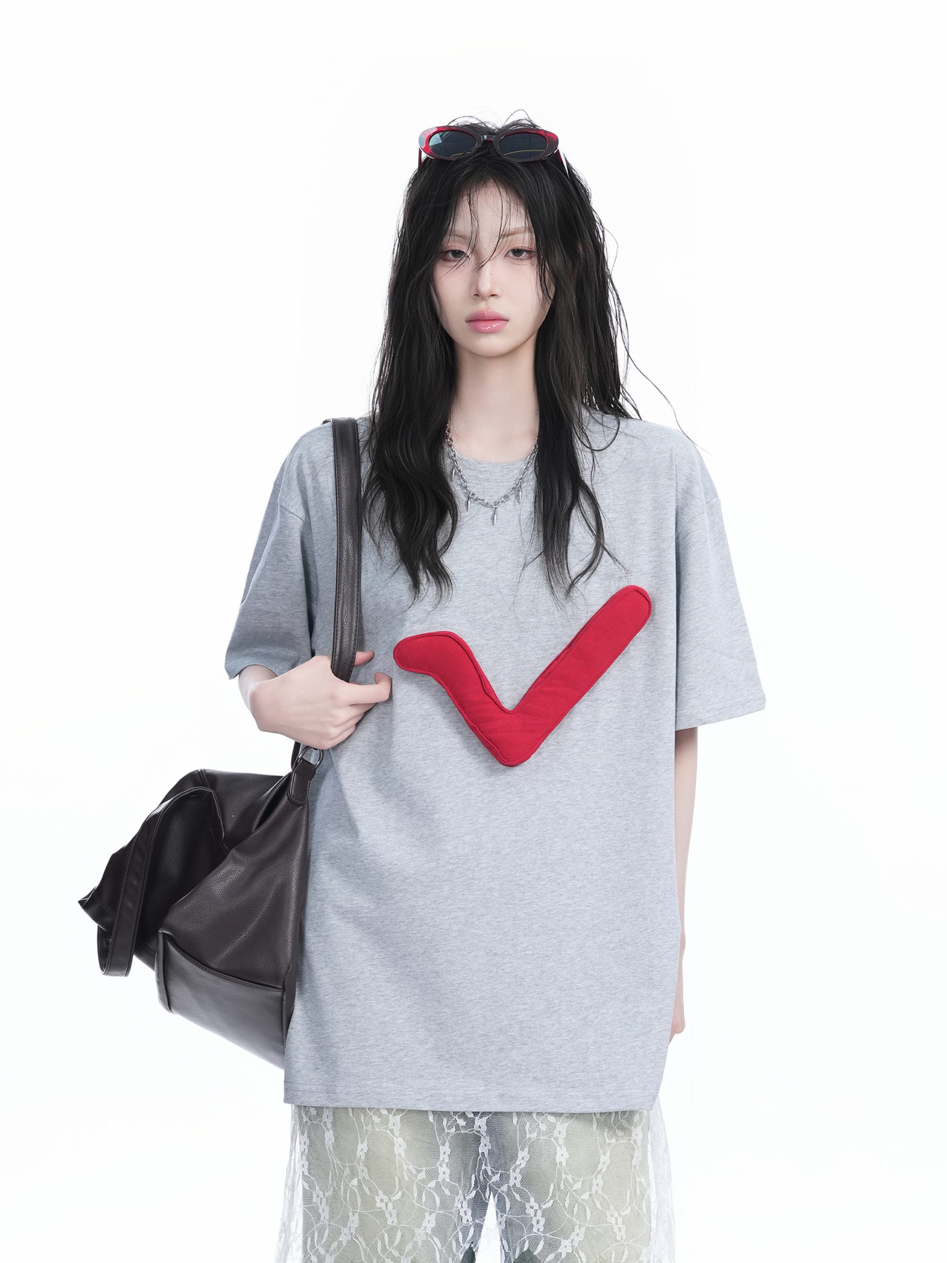 3D Checkmark Gray Short-Sleeve T-Shirt for Women - American Retro Hip-Hop Style, Loose Fit, Y2K Trendy Design 3D Checkmark Gray Short-Sleeve T-Shirt for Women - American Retro Hip-Hop Style, Loose Fit, Y2K Trendy Design