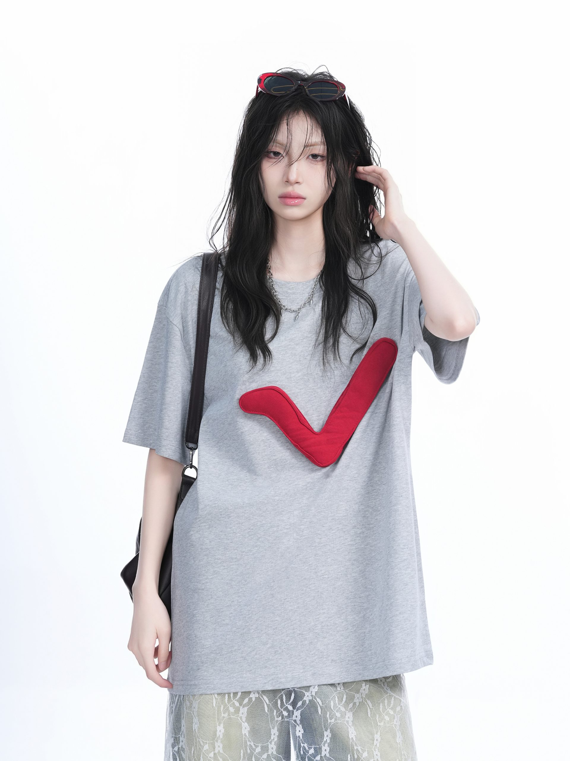 3D Checkmark Gray Short-Sleeve T-Shirt for Women - American Retro Hip-Hop Style, Loose Fit, Y2K Trendy Design 3D Checkmark Gray Short-Sleeve T-Shirt for Women - American Retro Hip-Hop Style, Loose Fit, Y2K Trendy Design