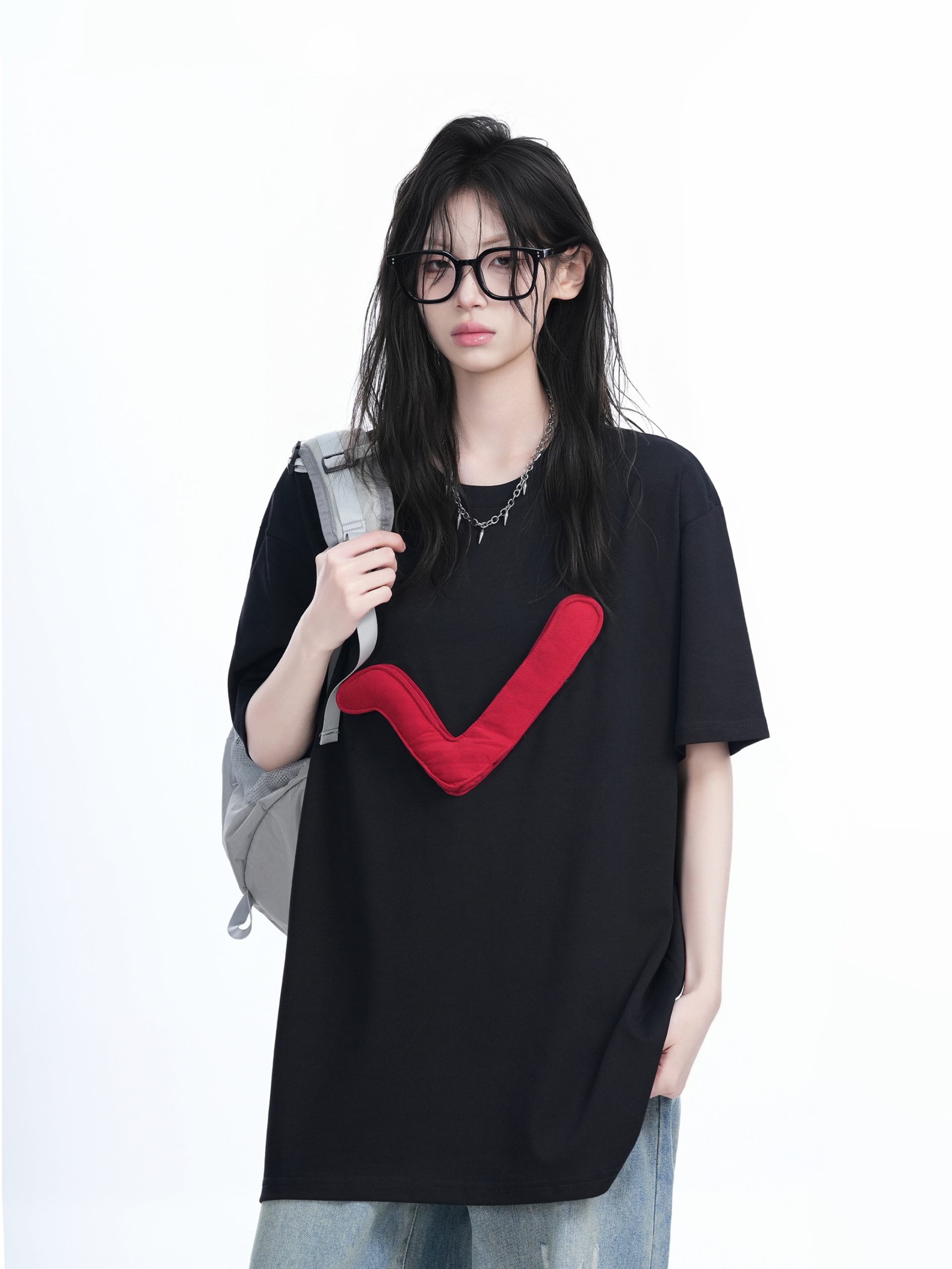 3D Checkmark Gray Short-Sleeve T-Shirt for Women - American Retro Hip-Hop Style, Loose Fit, Y2K Trendy Design 3D Checkmark Gray Short-Sleeve T-Shirt for Women - American Retro Hip-Hop Style, Loose Fit, Y2K Trendy Design