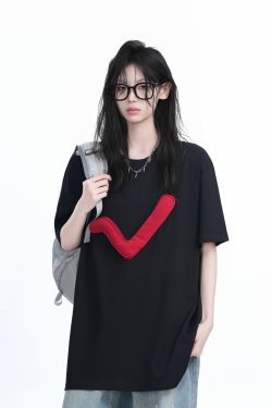 3D Checkmark Gray Short-Sleeve T-Shirt for Women - American Retro Hip-Hop Style, Loose Fit, Y2K Trendy Design