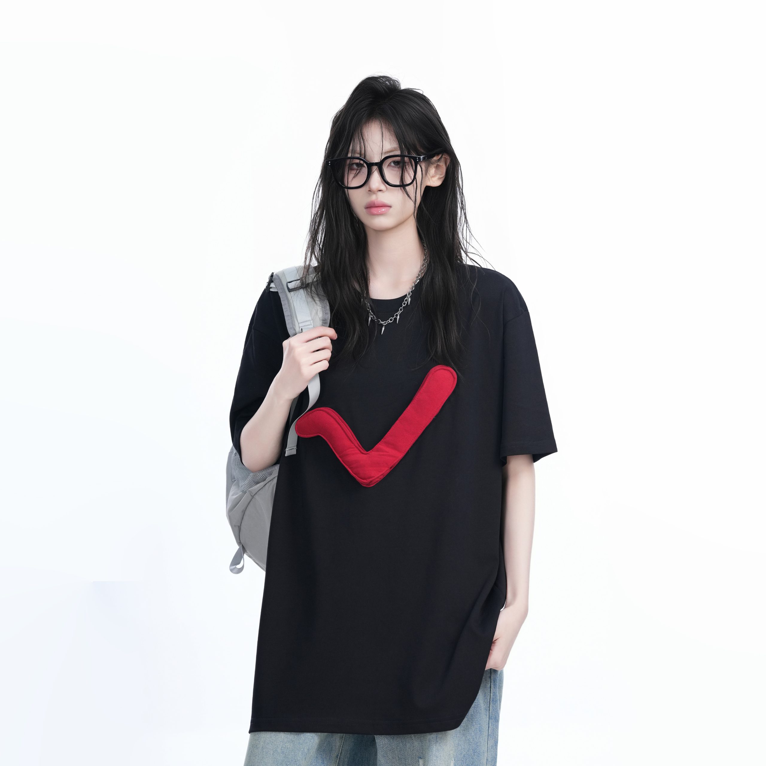 3D Checkmark Gray Short-Sleeve T-Shirt for Women - American Retro Hip-Hop Style, Loose Fit, Y2K Trendy Design 3D Checkmark Gray Short-Sleeve T-Shirt for Women - American Retro Hip-Hop Style, Loose Fit, Y2K Trendy Design