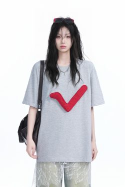 3D Checkmark Gray Short-Sleeve T-Shirt for Women - American Retro Hip-Hop Style, Loose Fit, Y2K Trendy Design