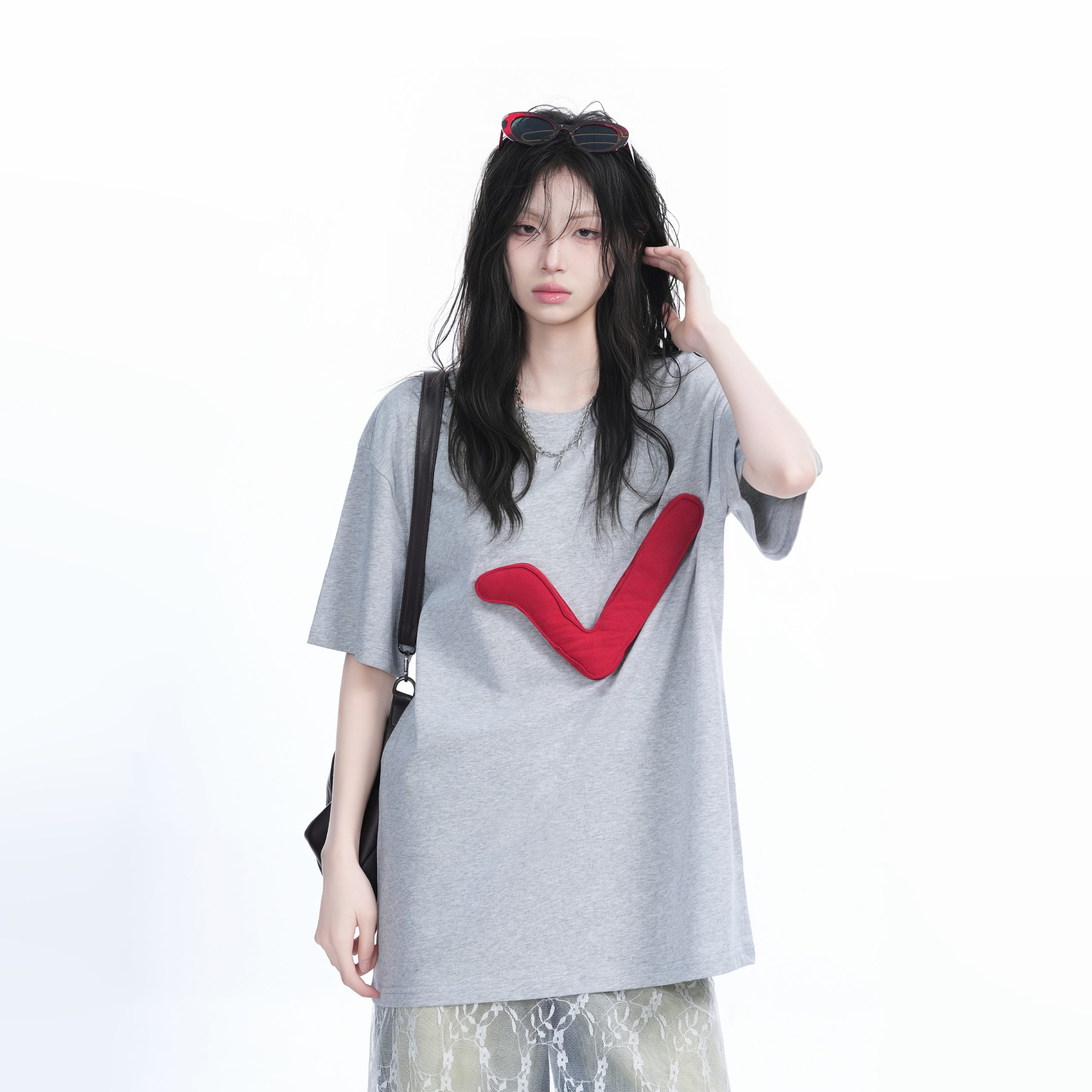 3D Checkmark Gray Short-Sleeve T-Shirt for Women - American Retro Hip-Hop Style, Loose Fit, Y2K Trendy Design 3D Checkmark Gray Short-Sleeve T-Shirt for Women - American Retro Hip-Hop Style, Loose Fit, Y2K Trendy Design