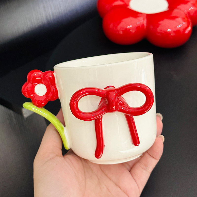 3D Flower Bow Tie Ceramic Coffee Cup and Saucer Set for Girls - Aesthetic Afternoon Tea Mug for Milk and Fufu 3D Flower Bow Tie Ceramic Coffee Cup and Saucer Set for Girls - Aesthetic Afternoon Tea Mug for Milk and Fufu