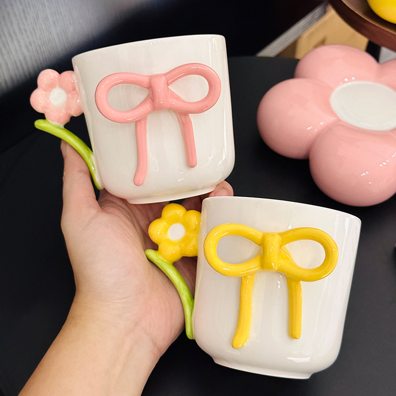 3D Flower Bow Tie Ceramic Coffee Cup and Saucer Set for Girls - Aesthetic Afternoon Tea Mug for Milk and Fufu 3D Flower Bow Tie Ceramic Coffee Cup and Saucer Set for Girls - Aesthetic Afternoon Tea Mug for Milk and Fufu