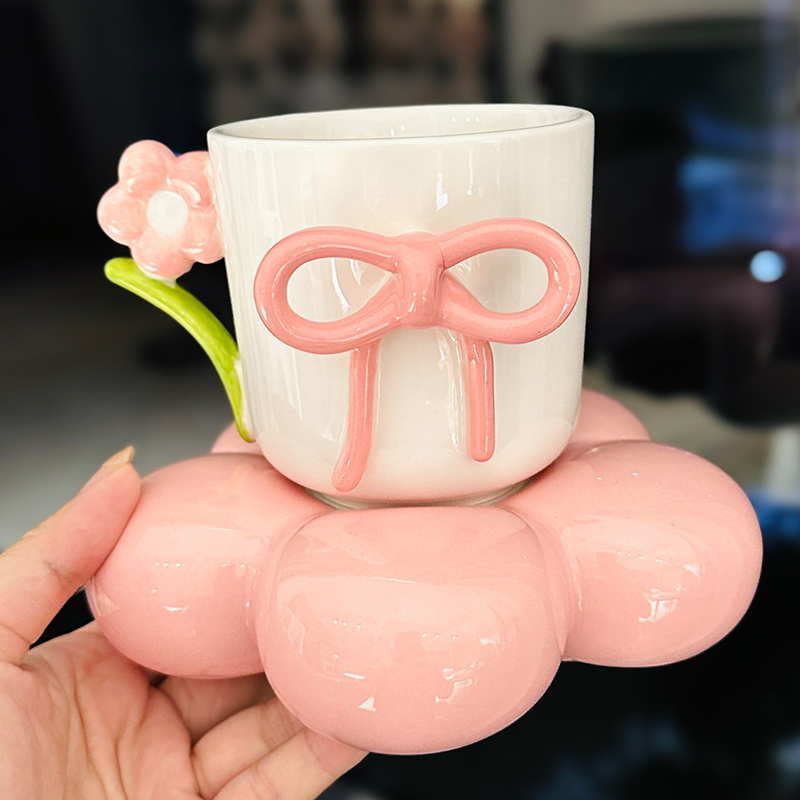 3D Flower Bow Tie Ceramic Coffee Cup and Saucer Set for Girls - Aesthetic Afternoon Tea Mug for Milk and Fufu 3D Flower Bow Tie Ceramic Coffee Cup and Saucer Set for Girls - Aesthetic Afternoon Tea Mug for Milk and Fufu