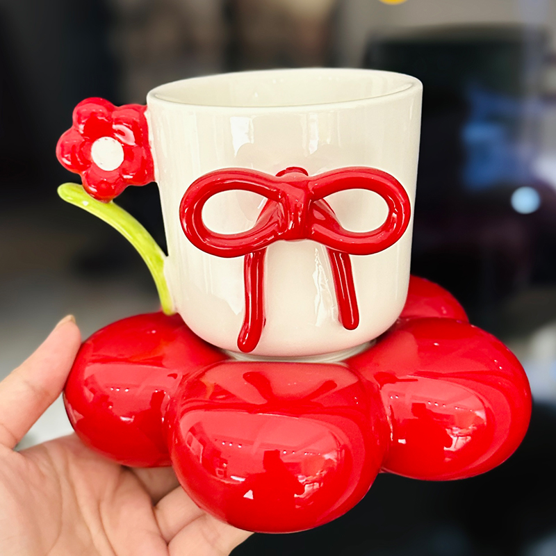 3D Flower Bow Tie Ceramic Coffee Cup and Saucer Set for Girls - Aesthetic Afternoon Tea Mug for Milk and Fufu 3D Flower Bow Tie Ceramic Coffee Cup and Saucer Set for Girls - Aesthetic Afternoon Tea Mug for Milk and Fufu