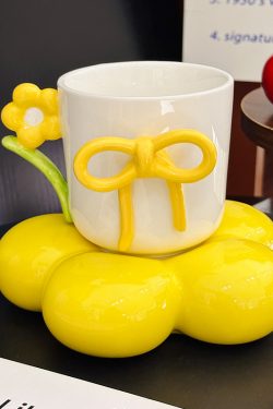 3D Flower Bow Tie Ceramic Coffee Cup and Saucer Set for Girls - Aesthetic Afternoon Tea Mug for Milk and Fufu