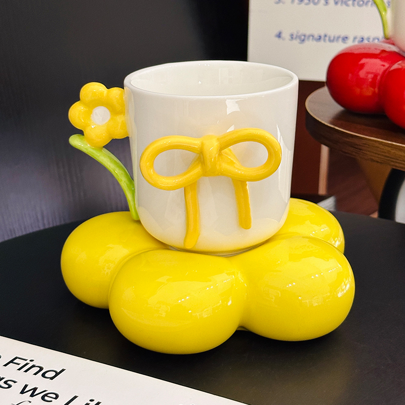 3D Flower Bow Tie Ceramic Coffee Cup and Saucer Set for Girls - Aesthetic Afternoon Tea Mug for Milk and Fufu 3D Flower Bow Tie Ceramic Coffee Cup and Saucer Set for Girls - Aesthetic Afternoon Tea Mug for Milk and Fufu