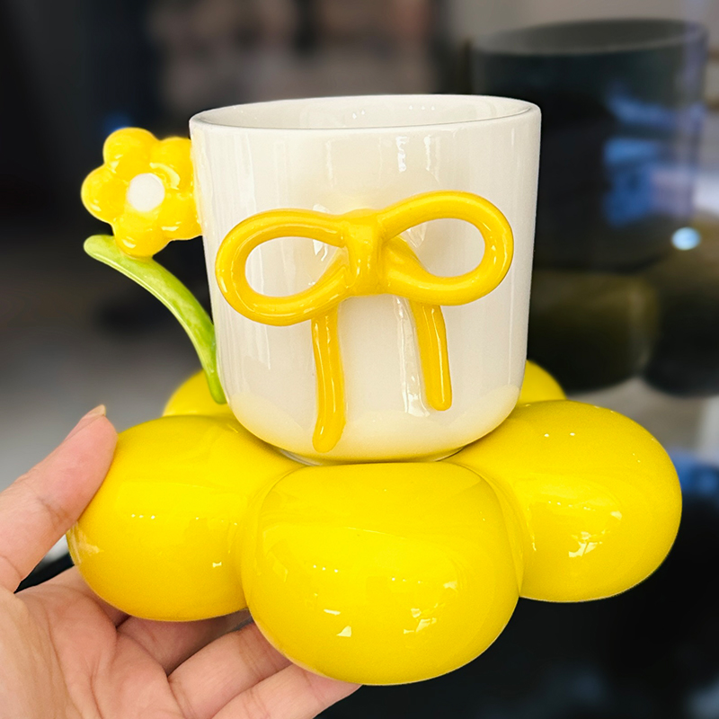 3D Flower Bow Tie Ceramic Coffee Cup and Saucer Set for Girls - Aesthetic Afternoon Tea Mug for Milk and Fufu 3D Flower Bow Tie Ceramic Coffee Cup and Saucer Set for Girls - Aesthetic Afternoon Tea Mug for Milk and Fufu