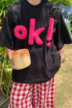 3D OK Letter Printed Short Sleeve T-Shirt for Men and Women, Casual Summer Loose Fit Vintage Style Tee