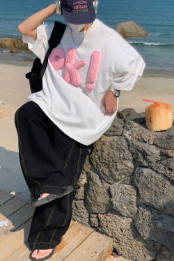 3D OK Letter Printed Short Sleeve T-Shirt for Men and Women, Casual Summer Loose Fit Vintage Style Tee