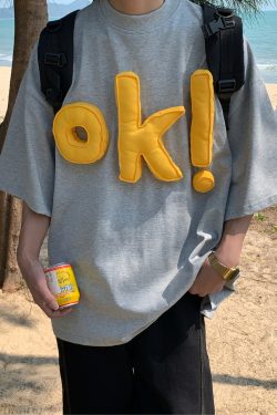 3D OK Letter Short Sleeve T-Shirt for Men and Women, Loose Fit Unisex Summer Tee, Vintage-Inspired Casual Wear