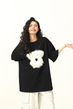 3D Plush Dog Design Short Sleeve T-Shirt for Women, Summer Loose Retro Tee, Casual Cute Graphic Top, Y2K Style