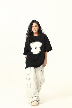 3D Plush Dog Design Short Sleeve T-Shirt for Women, Summer Loose Retro Tee, Casual Cute Graphic Top, Y2K Style