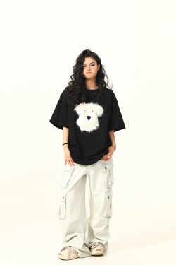 3D Plush Dog Design Short Sleeve T-Shirt for Women, Summer Loose Retro Tee, Casual Cute Graphic Top, Y2K Style