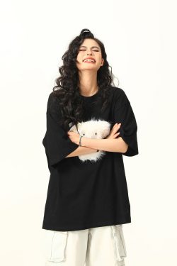 3D Plush Dog Design Short Sleeve T-Shirt for Women, Summer Loose Retro Tee, Casual Cute Graphic Top, Y2K Style