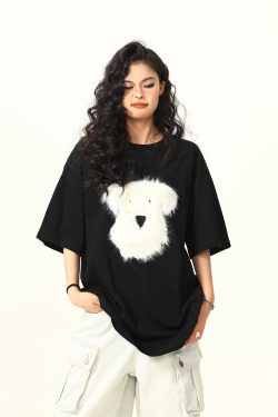 3D Plush Dog Design Short Sleeve T-Shirt for Women, Summer Loose Retro Tee, Casual Cute Graphic Top, Y2K Style