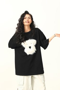 3D Plush Dog Design Short Sleeve T-Shirt for Women, Summer Loose Retro Tee, Casual Cute Graphic Top, Y2K Style