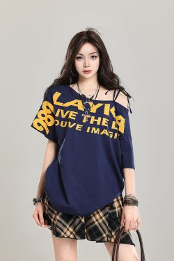 90s Retro Off-Shoulder Short Sleeve T-Shirt for Women - Summer 2025 Loose Fit Unique Casual Top